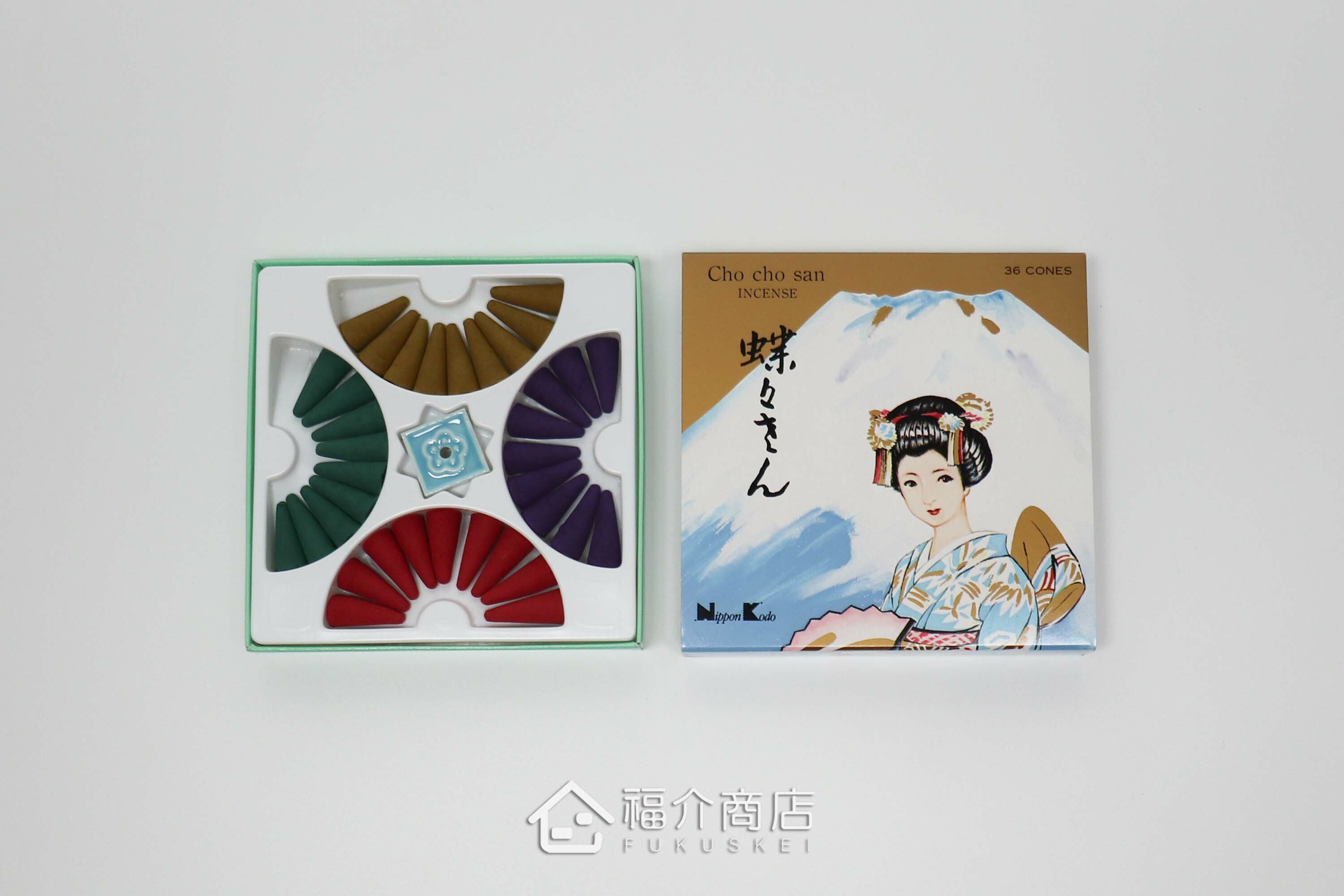 有四種香氣的錐香組合，外盒有富士山和日本藝伎的設計