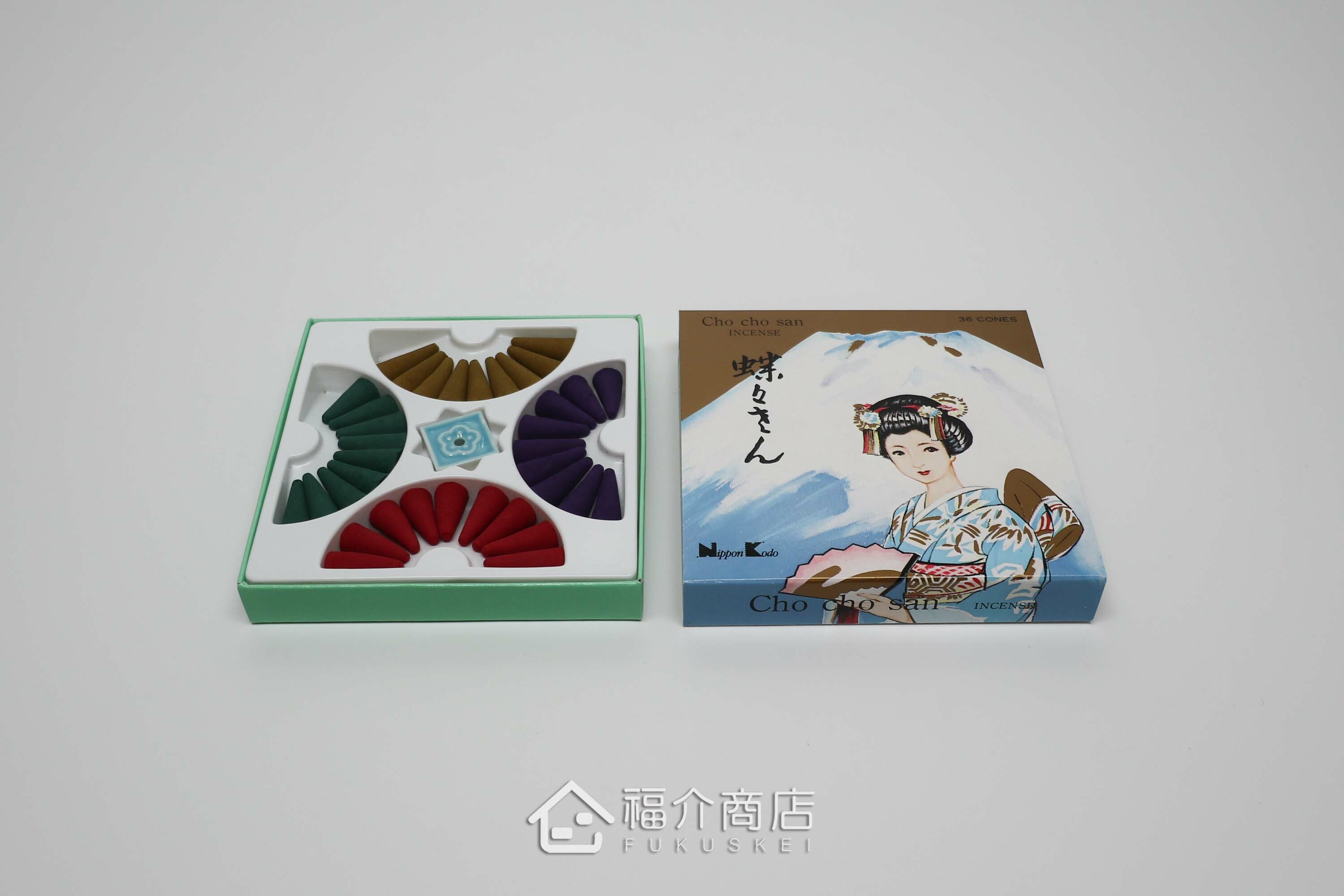 有四種香氣的錐香組合，外盒有富士山和日本藝伎的設計