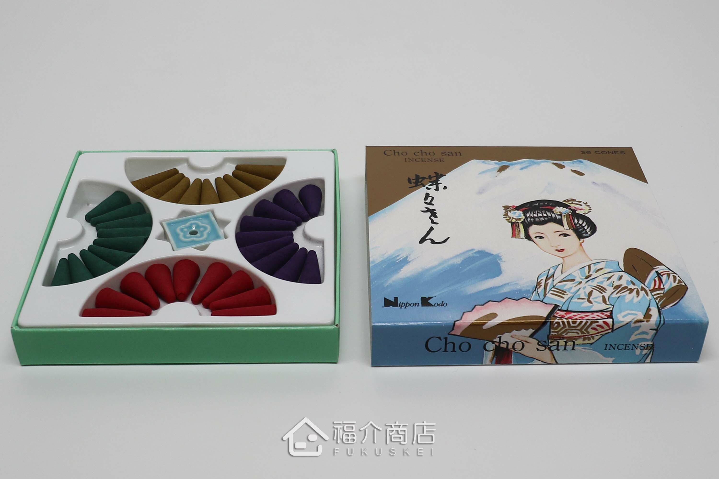 有四種香氣的錐香組合，外盒有富士山和日本藝伎的設計