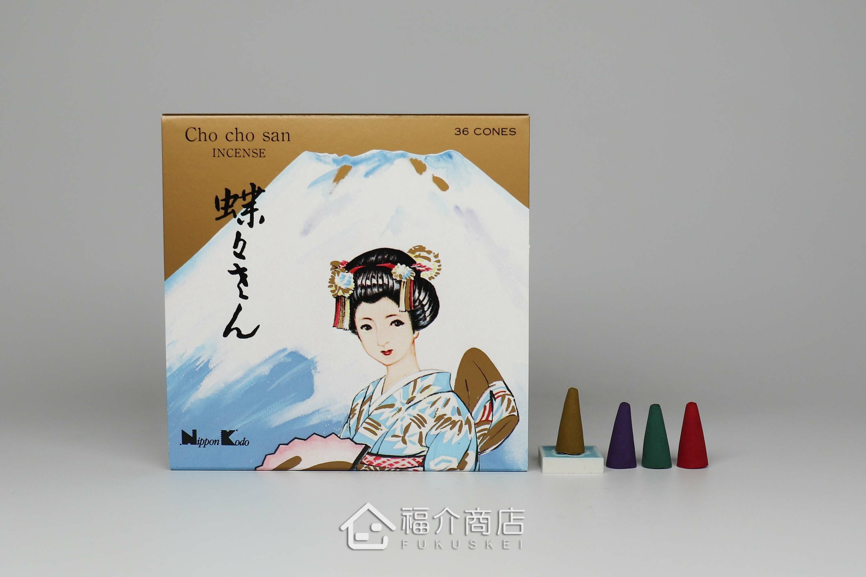 有四種香氣的錐香組合，外盒有富士山和日本藝伎的設計