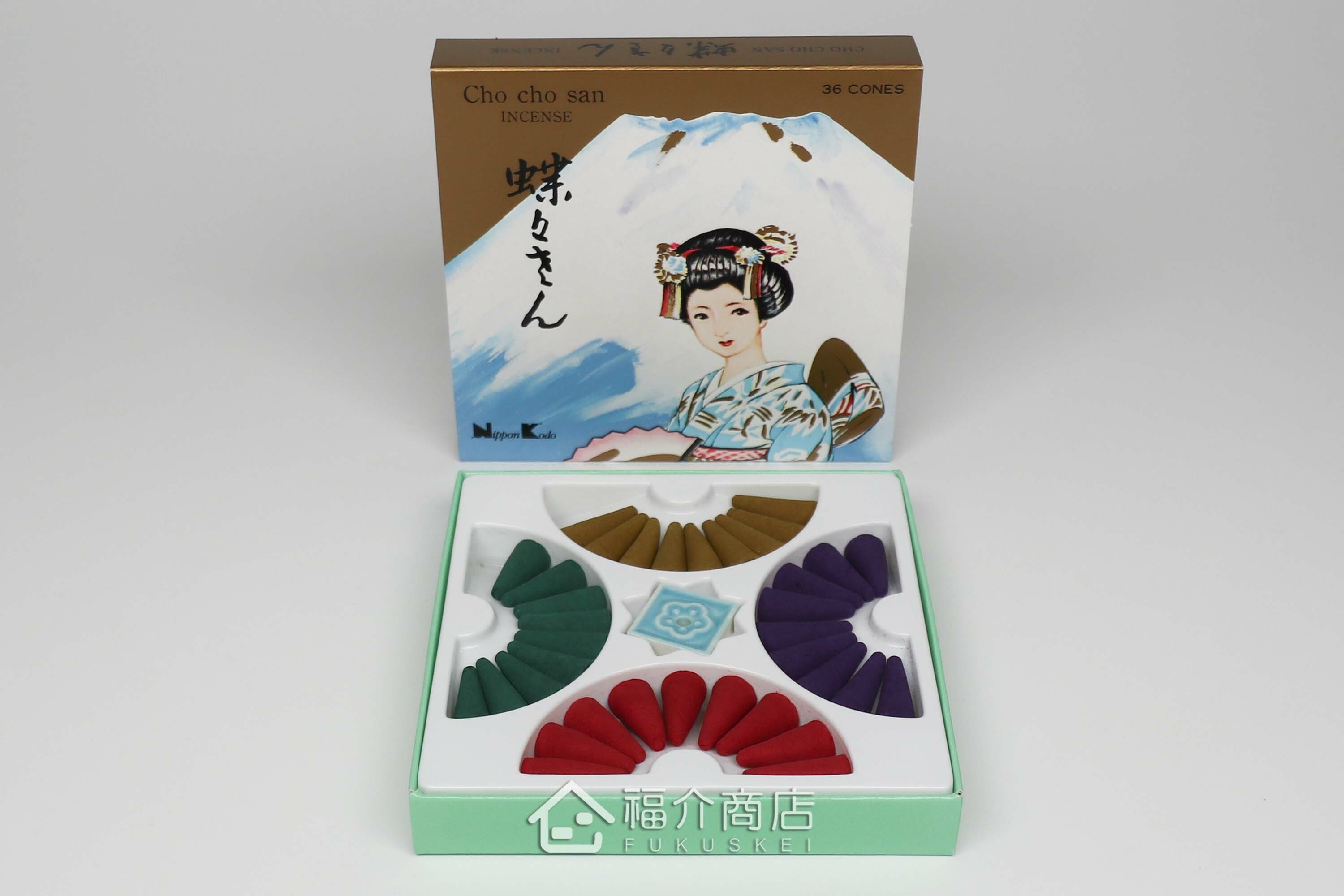 有四種香氣的錐香組合，外盒有富士山和日本藝伎的設計
