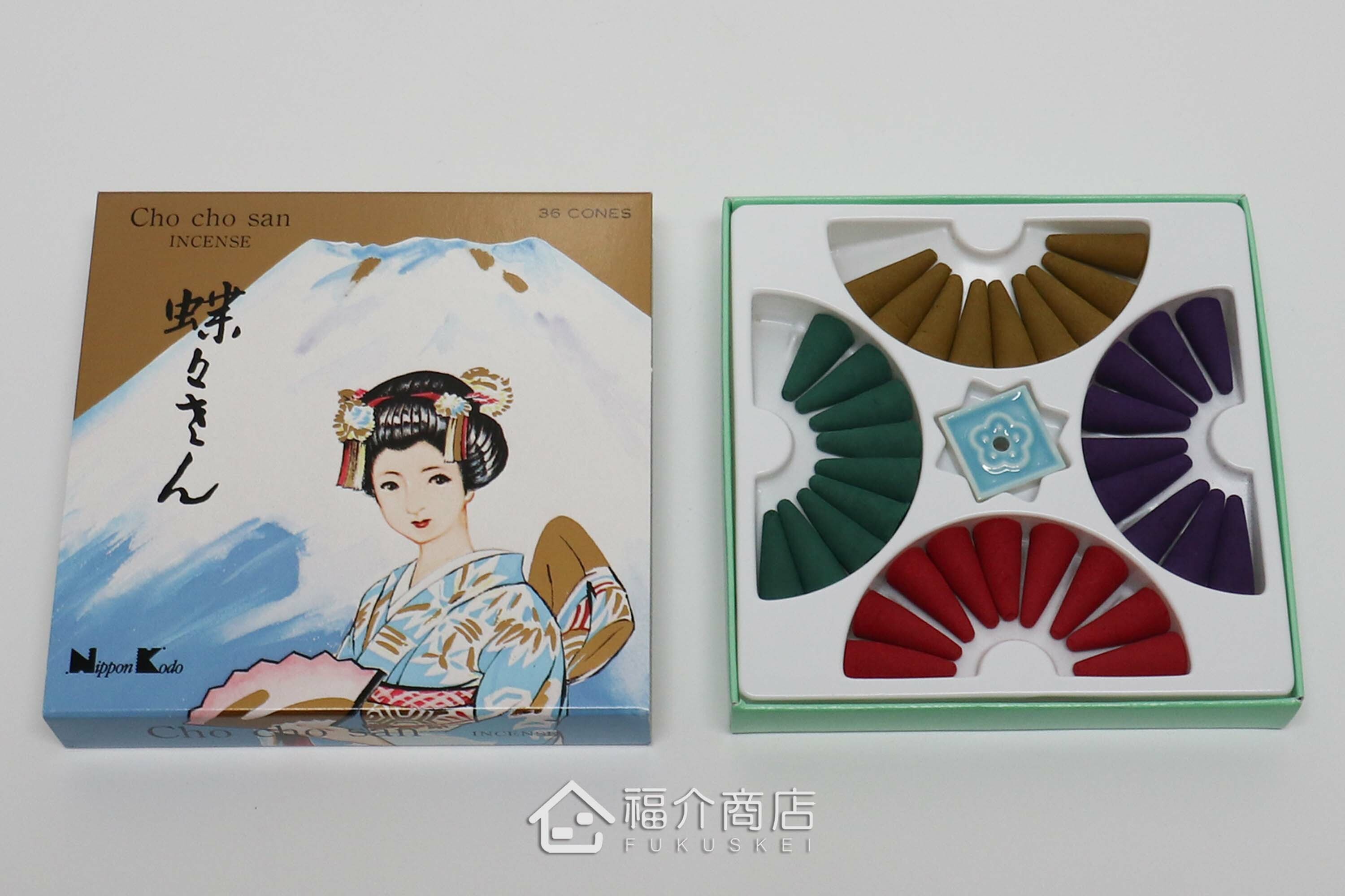 有四種香氣的錐香組合，外盒有富士山和日本藝伎的設計