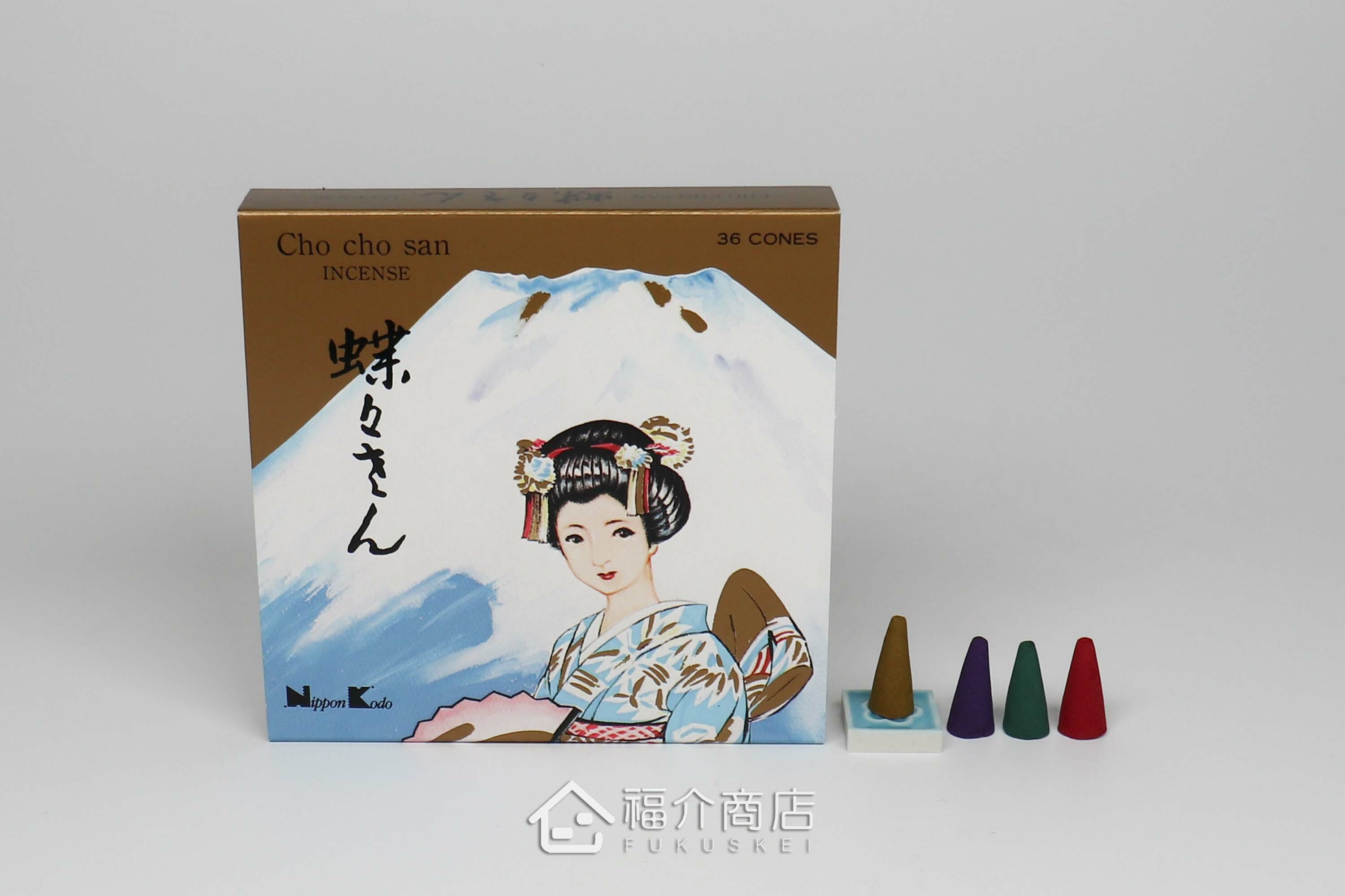 有四種香氣的錐香組合，外盒有富士山和日本藝伎的設計