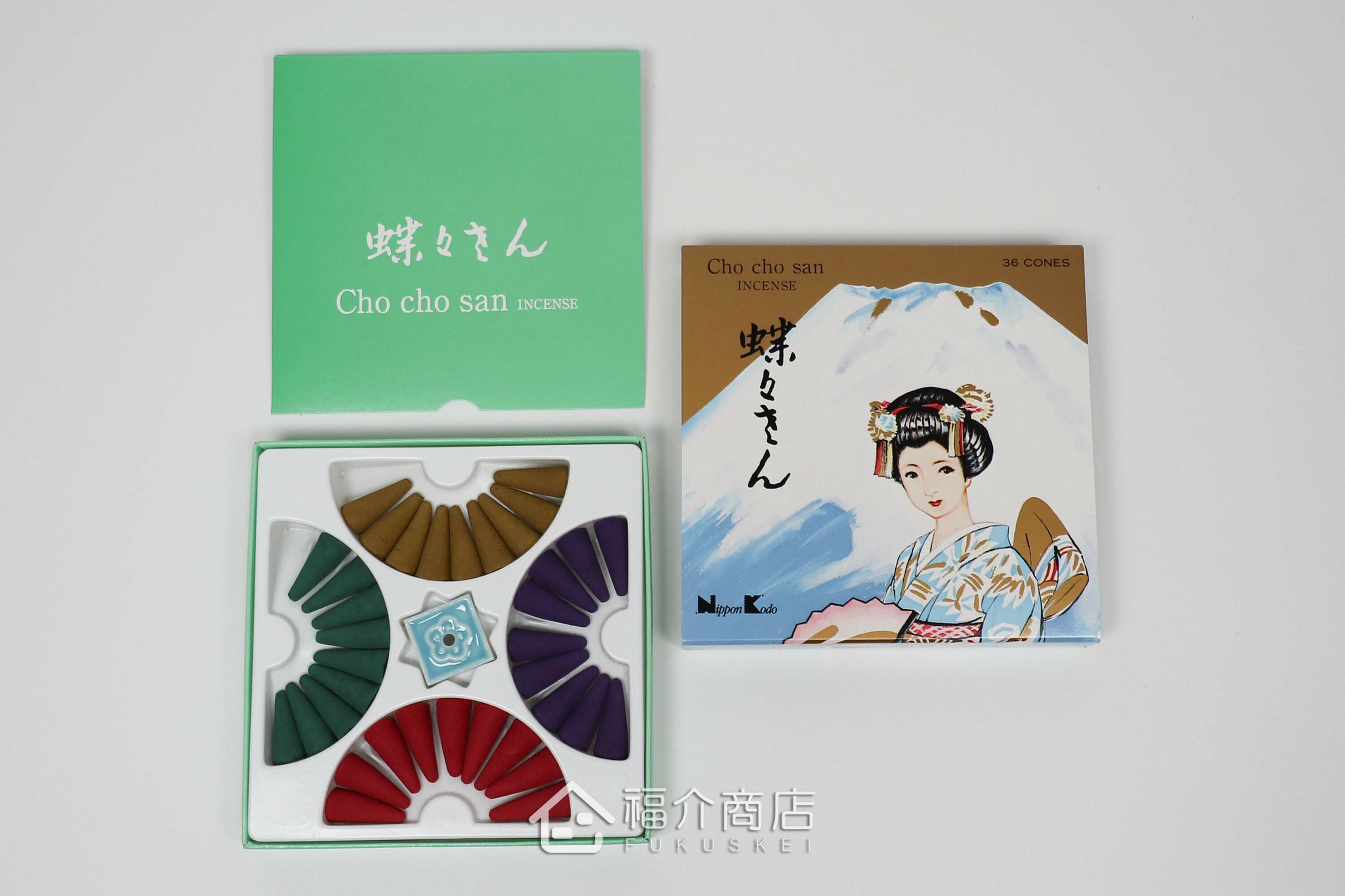 有四種香氣的錐香組合，外盒有富士山和日本藝伎的設計