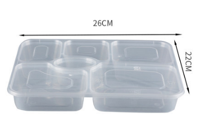 Hot sale (set of 150) disposable plastic six-compartment lunch box with lid (transparent color) (size: 26cm*22cm)