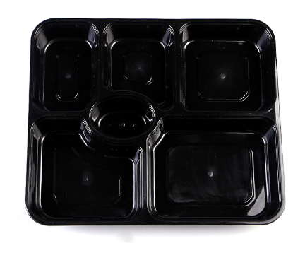 Hot sale (set of 150) disposable plastic six-compartment lunch box with lid (black) (size: 26cm*22cm)