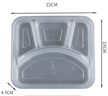 Hot sale (set of 150) disposable plastic four-compartment lunch box with lid (transparent color) (size: 19cm*22cm*4.5cm)