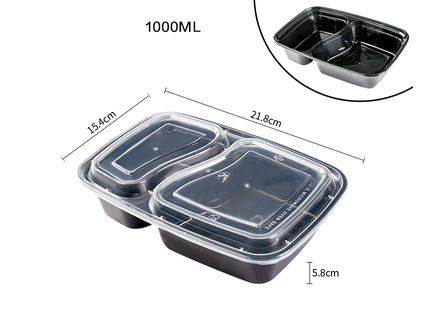 熱賣（150套裝）一次性帶蓋雙格餐盒（黑色6828）(容量：1000ml）（尺寸：15.4cm*21.8cm*5.8cm）