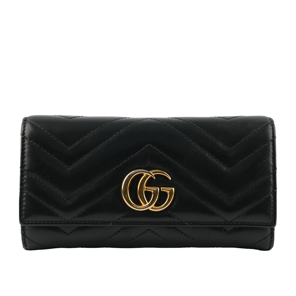 【GUCCI】GG Marmont 牛皮金屬雙G LOGO翻蓋長夾