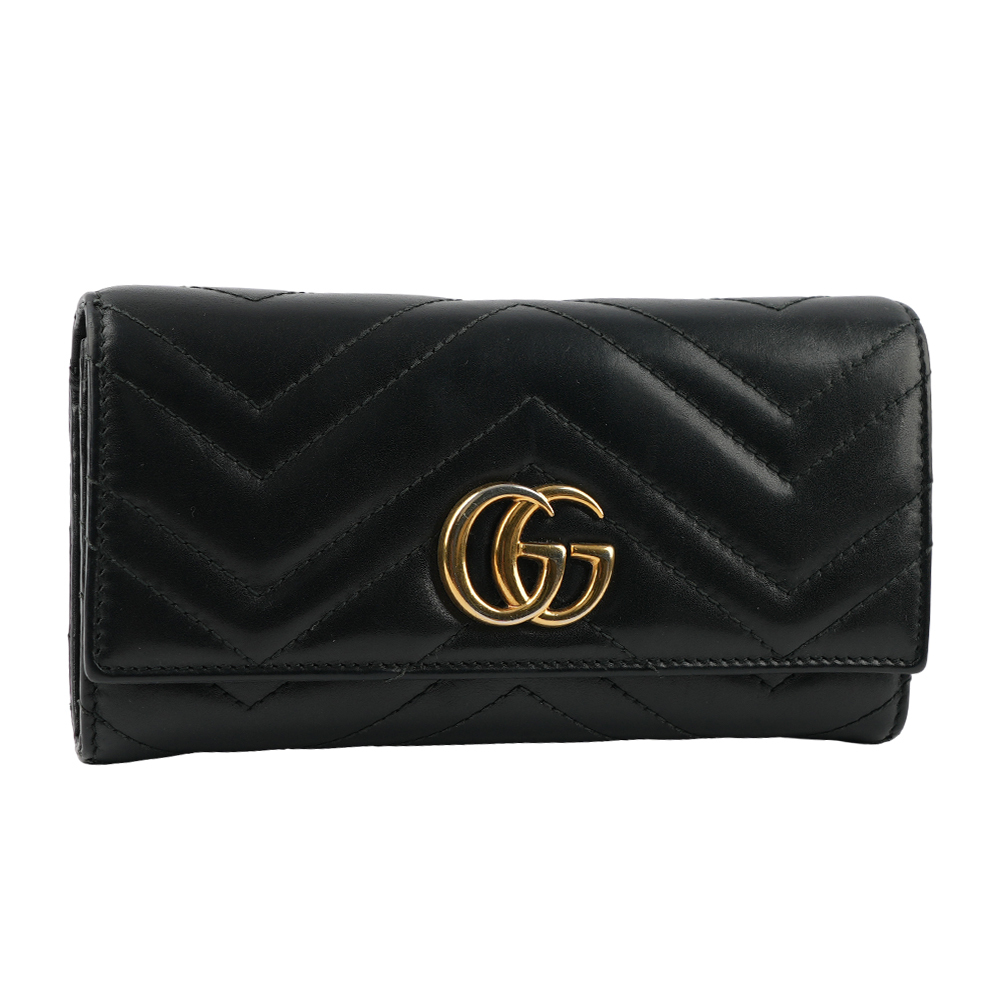 【GUCCI】GG Marmont 牛皮金屬雙G LOGO翻蓋長夾