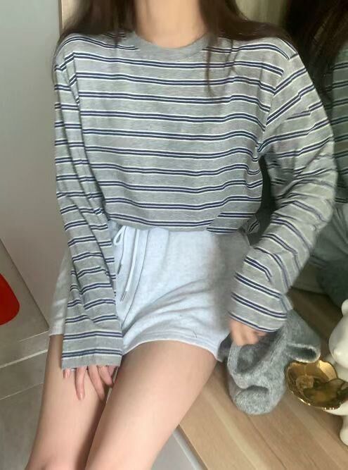 雙橫條紋長袖上衣(灰色)