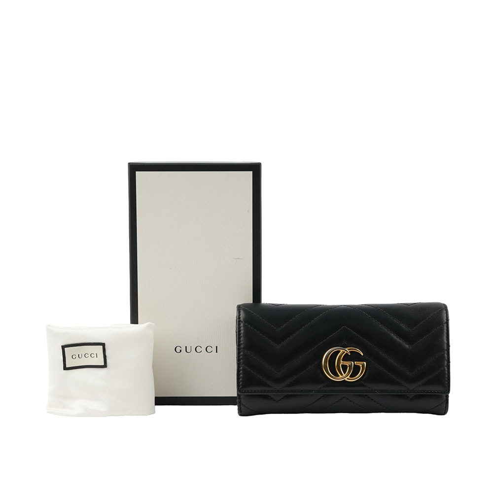 【GUCCI】GG Marmont 牛皮金屬雙G LOGO翻蓋長夾(黑色) 443436 DTD1T 1000