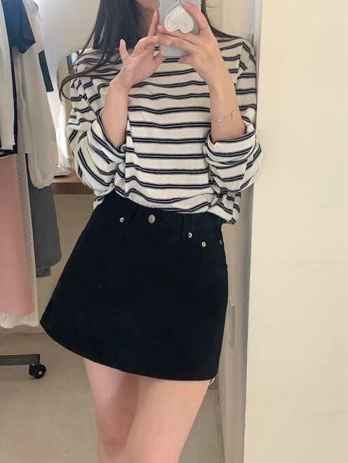 雙橫條紋長袖上衣(米色)