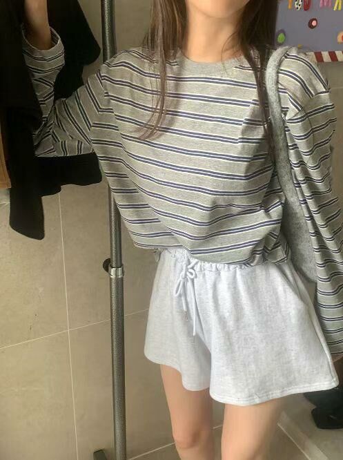 雙橫條紋長袖上衣(灰色)