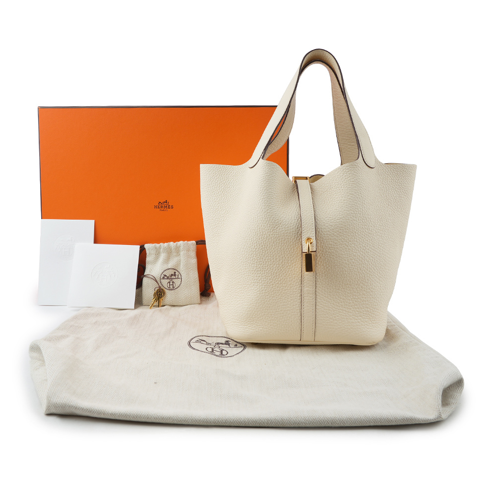 【HERMES】Picotin Lock 22cm MM手提水桶包(奶油白) H060991CC I2