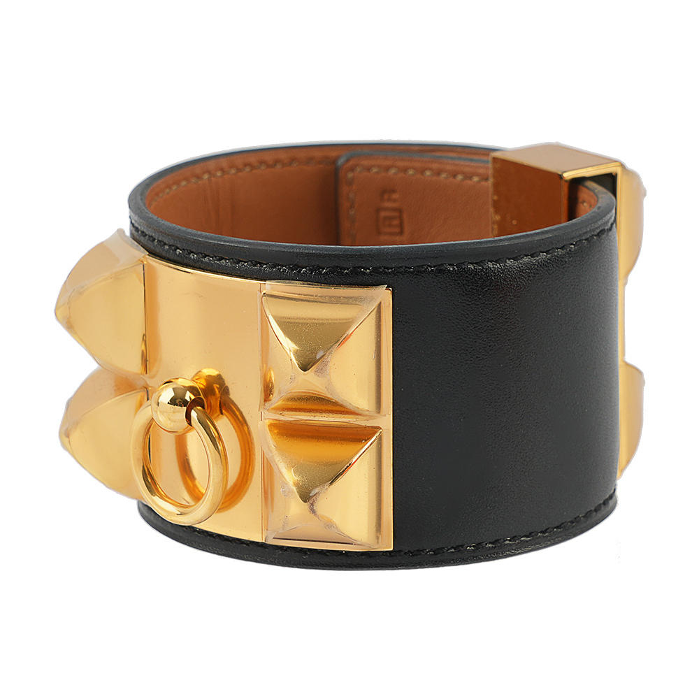 【Hermès】BOX皮 鉚釘金釦CDC手環 (S)