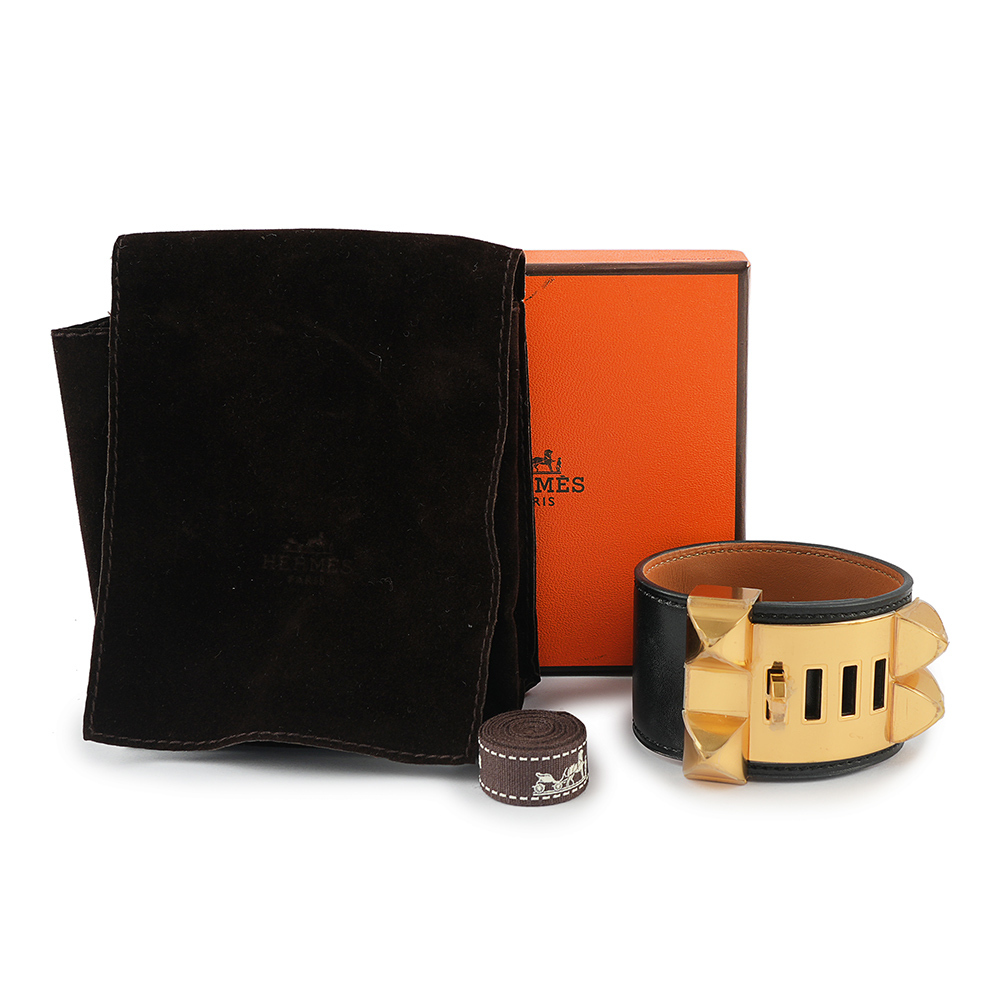 【HERMES】BOX皮 鉚釘金釦CDC手環 (S)(黑色) HE44000075