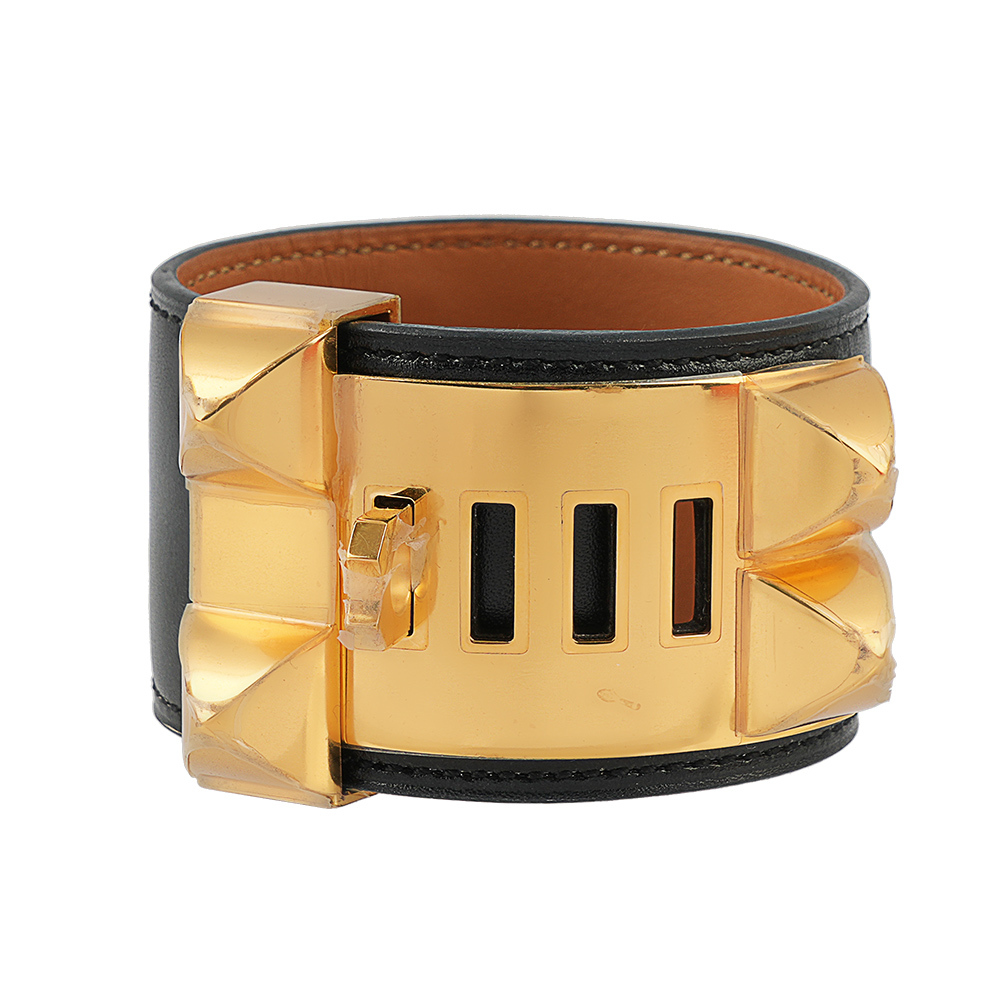 【HERMES】BOX皮 鉚釘金釦CDC手環 (S)(黑色) HE44000075