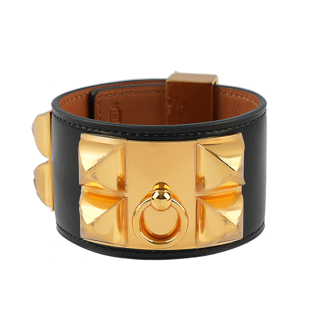 【HERMES】BOX皮 鉚釘金釦CDC手環 (S)(黑色) HE44000075