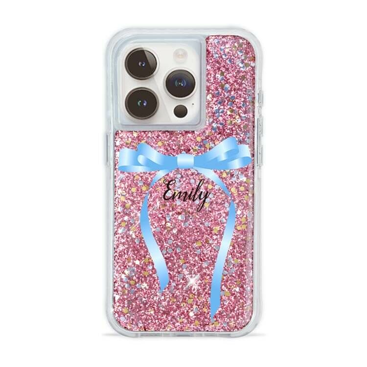 氣質蝴蝶結緞帶(藍) 粉耀撞白殼 - (訂製名字) - iPhone 客製化手機殼