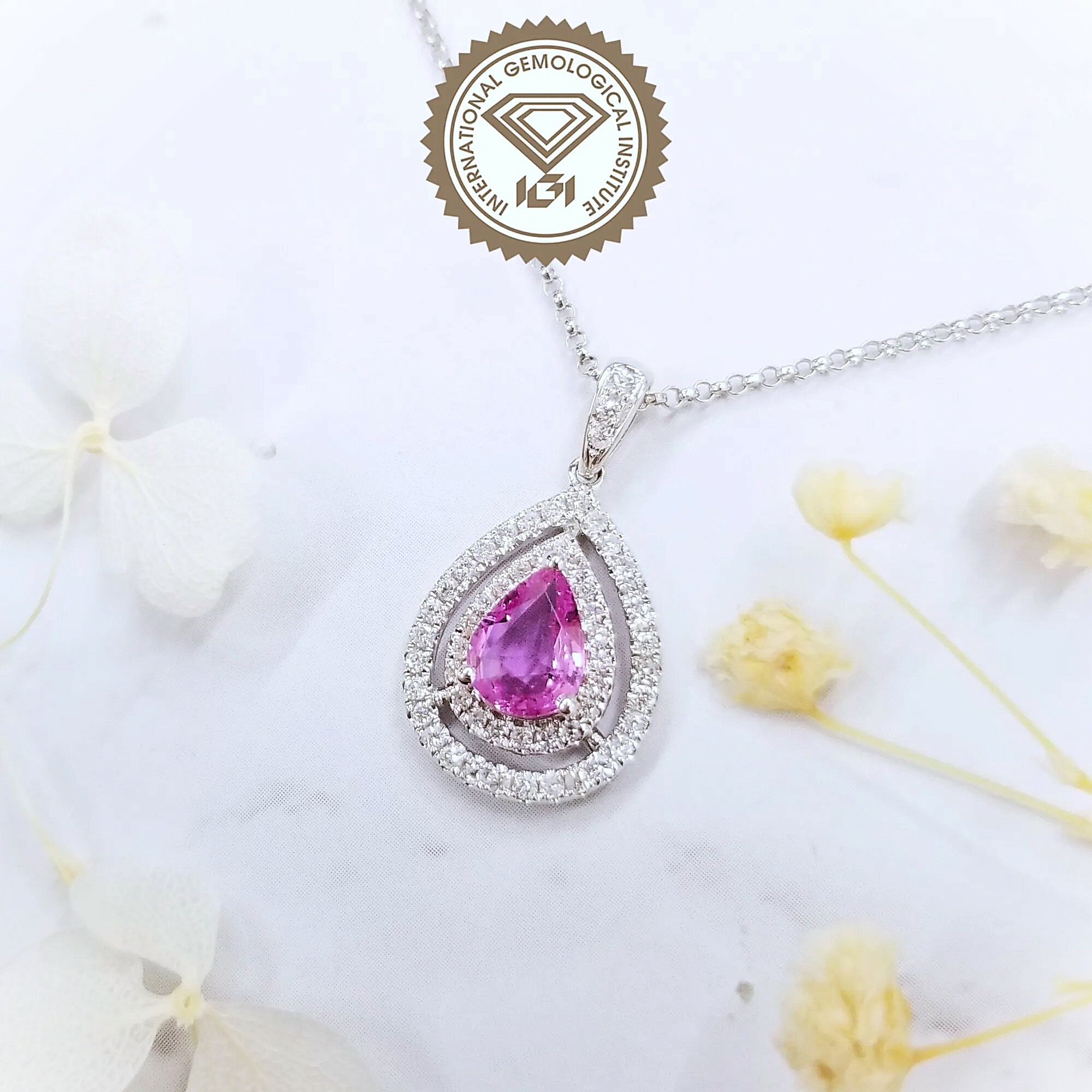 18K White Gold 0.77ct Pink Sapphire and Diamond Pendant