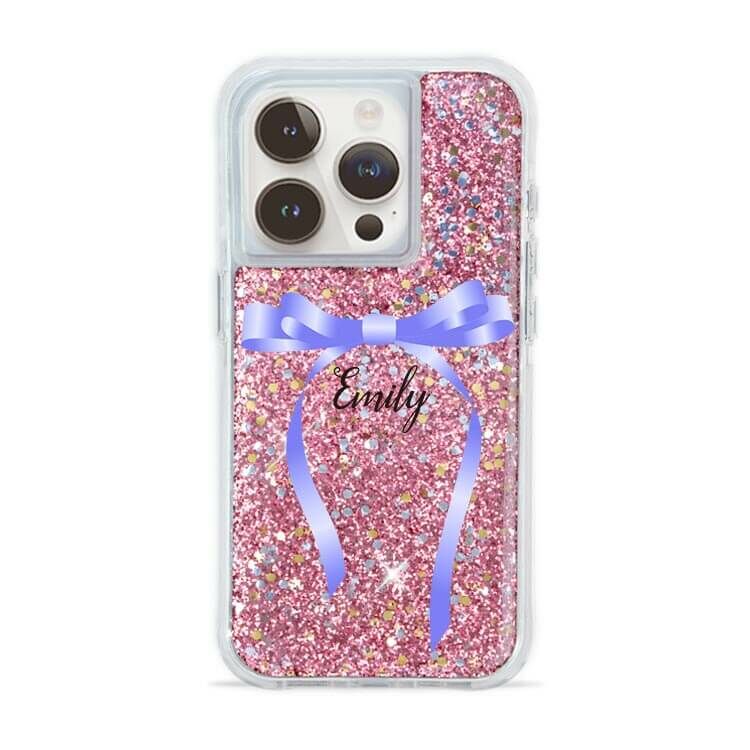 氣質蝴蝶結緞帶(紫) 粉耀撞白殼 - (訂製名字) - iPhone 客製化手機殼