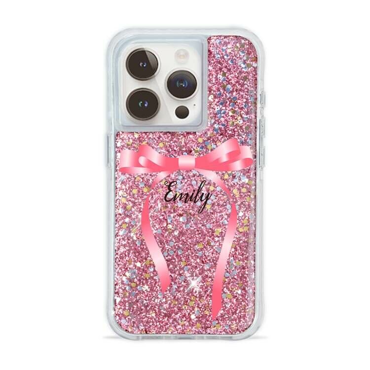 氣質蝴蝶結緞帶(粉) 粉耀撞白殼 - (訂製名字) - iPhone 客製化手機殼