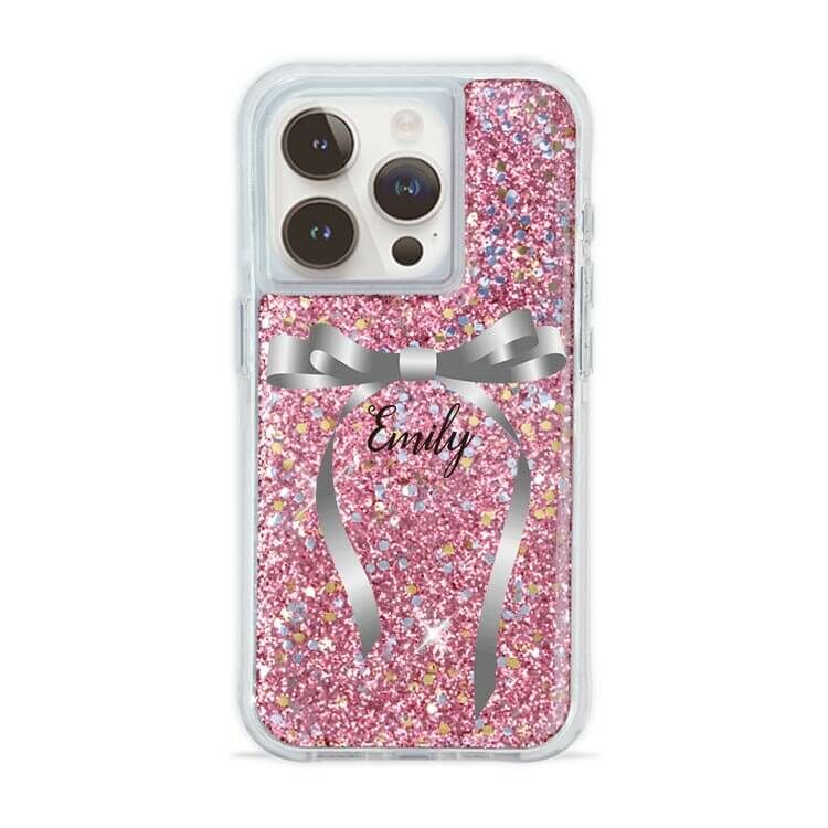 氣質蝴蝶結緞帶(灰) 粉耀撞白殼 - (訂製名字) - iPhone 客製化手機殼