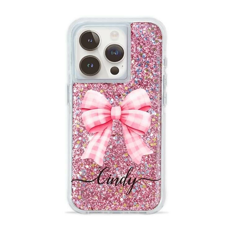 可愛格紋蝴蝶結 粉耀撞白殼 - (訂製名字) - iPhone 客製化手機殼