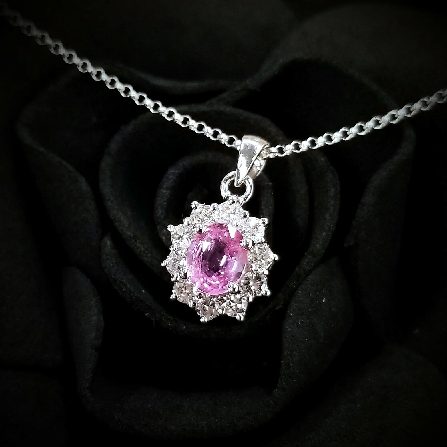 18K White Gold 0.35ct Pink Sapphire and Diamond Pendant