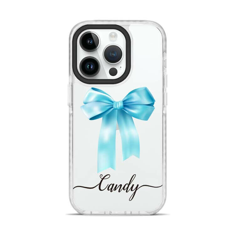 蝴蝶結緞帶(芬尼藍) 撞白殼 - (訂製名字) iPhone客製化手機殼
