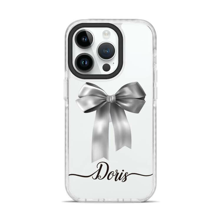蝴蝶結緞帶(灰) 撞白殼 - (訂製名字) iPhone客製化手機殼