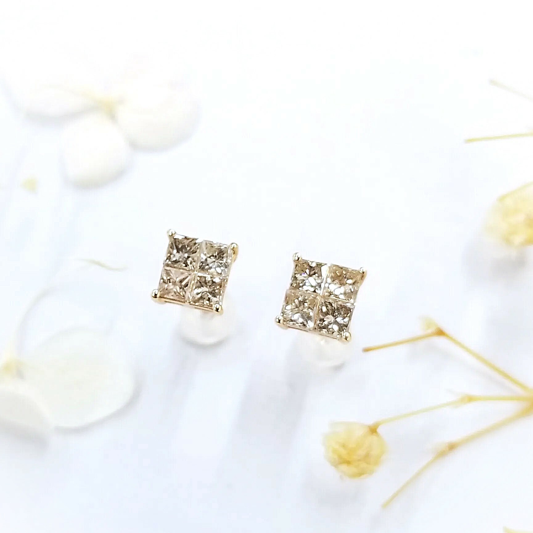 18K Rose Gold 0.98ct Fancy Champagne Princess Cut Diamond Earrings