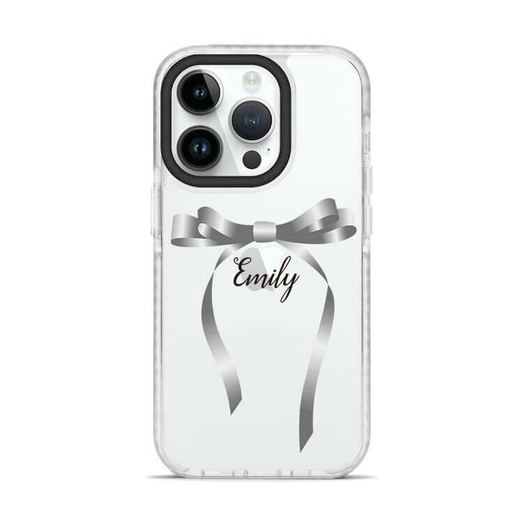 氣質蝴蝶結緞帶(灰) 撞白殼 - (訂製名字) iPhone客製化手機殼