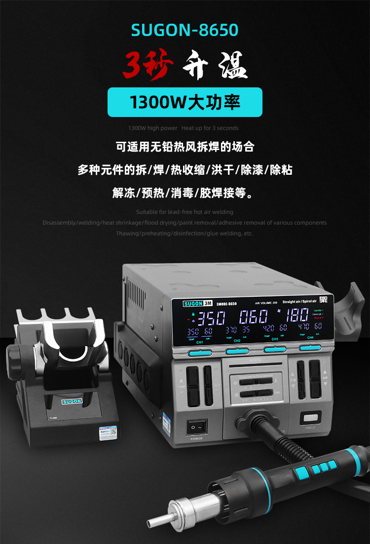 SUGON速工新款3MOED-8650熱風槍 工業級高功率手機維修CPU拆焊台