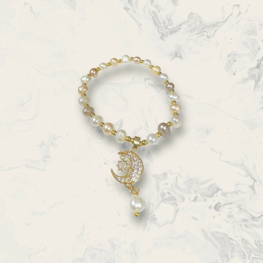 韓國直送手鍊 多色淡水珍珠串吊滿鋯月亮 鍍18K