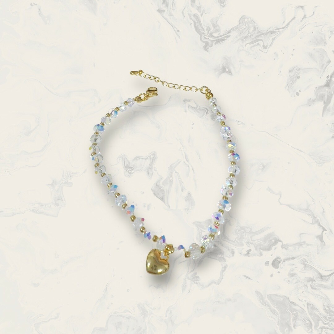 韓國直送手鍊 金珠珠+炫彩水晶串珠吊金愛心 鍍14K