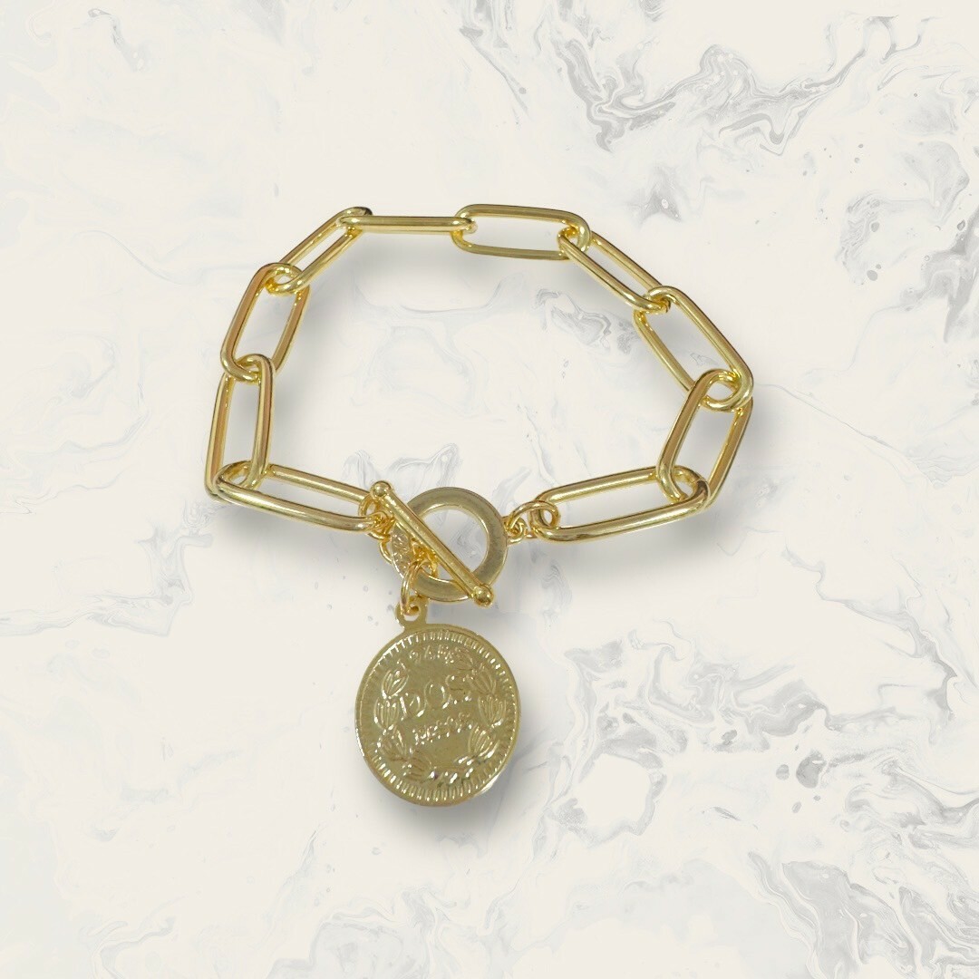 韓國直送手鍊 粗長圓鍊吊刻字圓牌 OT扣