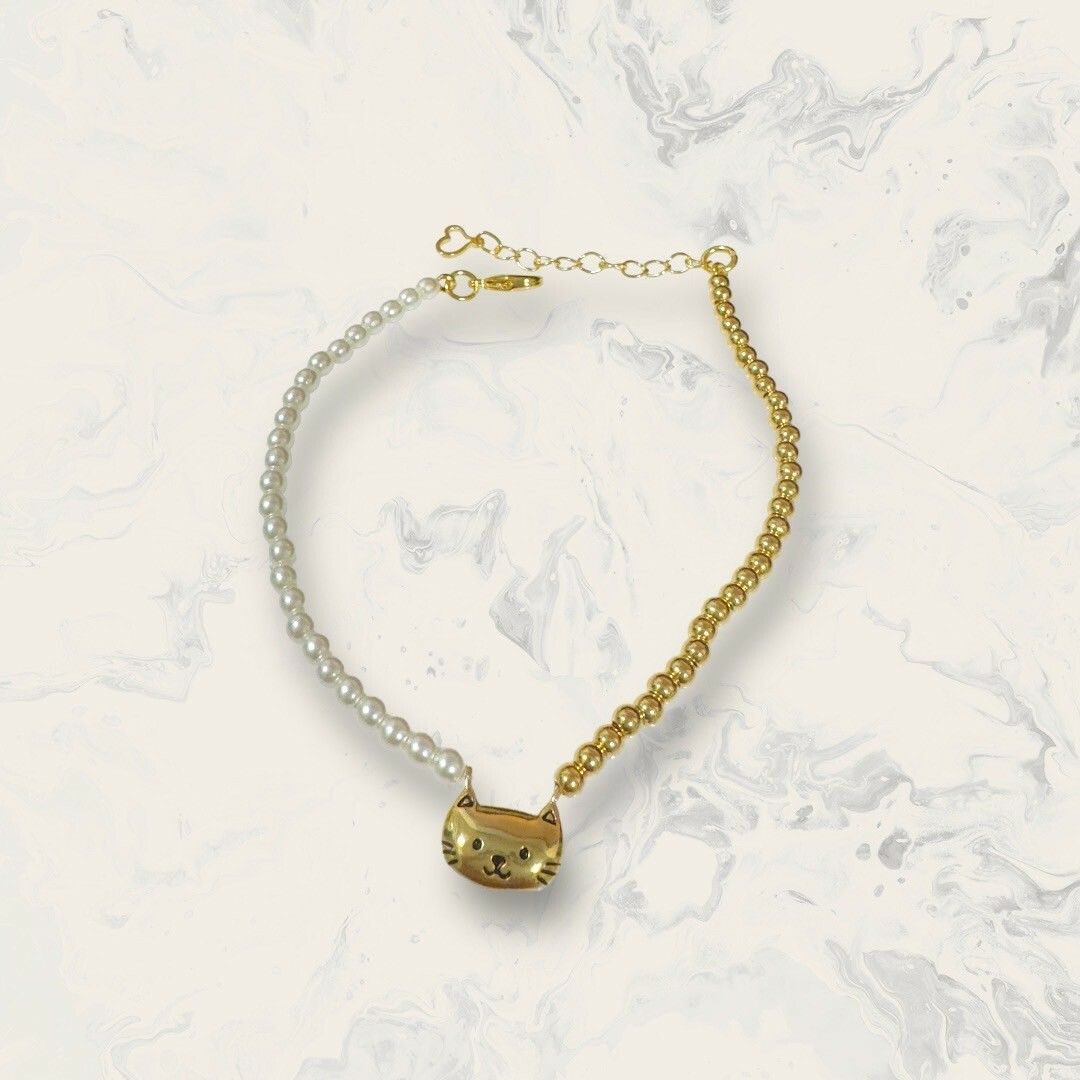 韓國直送手鍊 珍珠+金珠珠串吊微笑貓咪 鍍14K