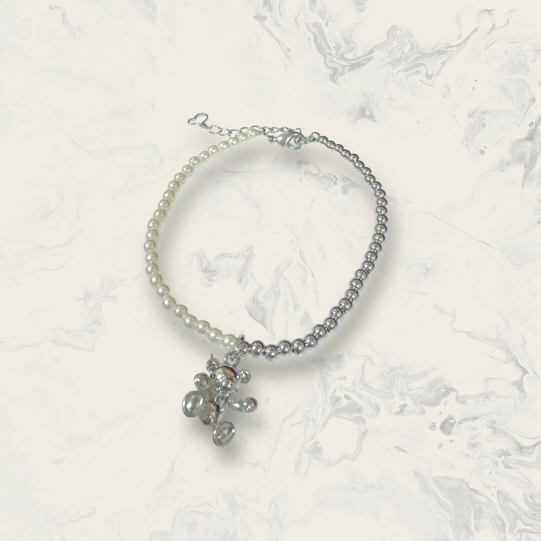 韓國直送手鍊 珍珠+金珠珠串吊立體小熊 鍍14K