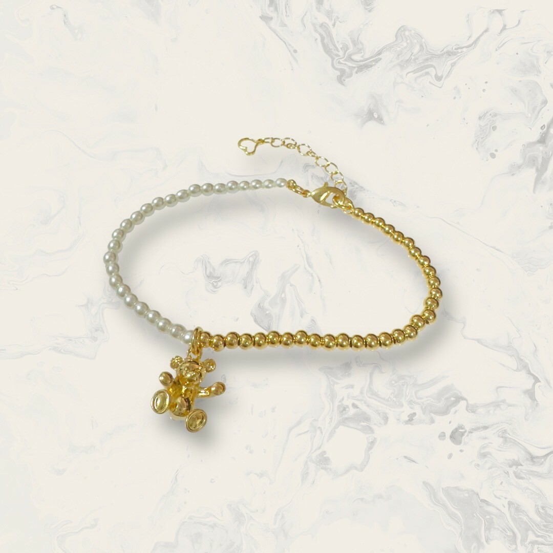 韓國直送手鍊 珍珠+金珠珠串吊立體小熊 鍍14K