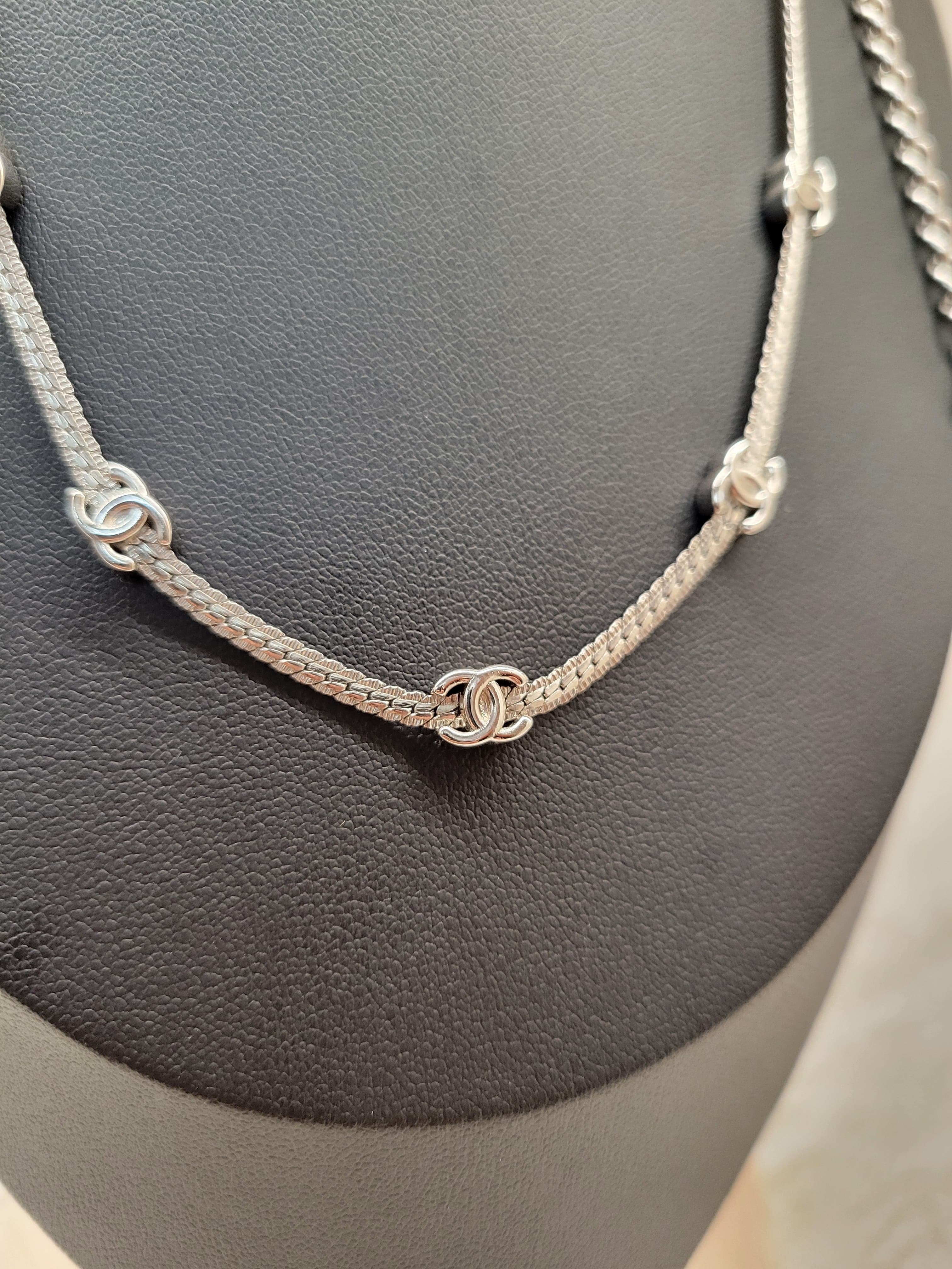 CHANEL ABE254 CHOCKER SILVER 7 LOGO  38cm+14cm 7花 銀色  頸鍊 短項鍊