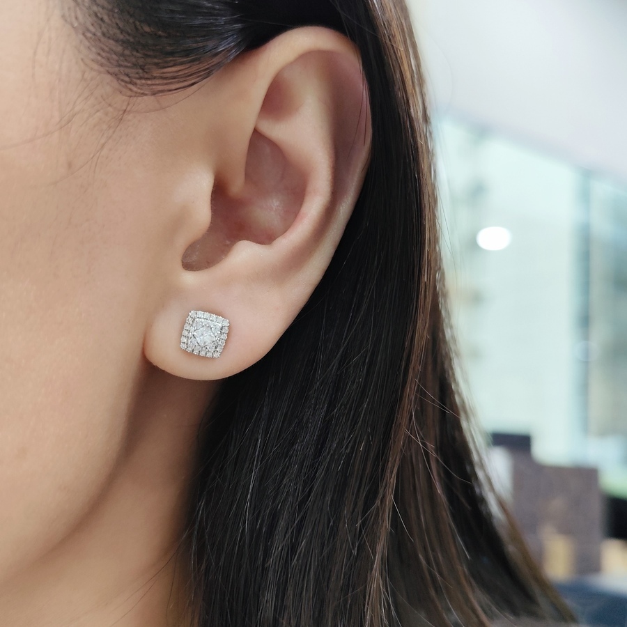 18K白金公主方鑽石耳環