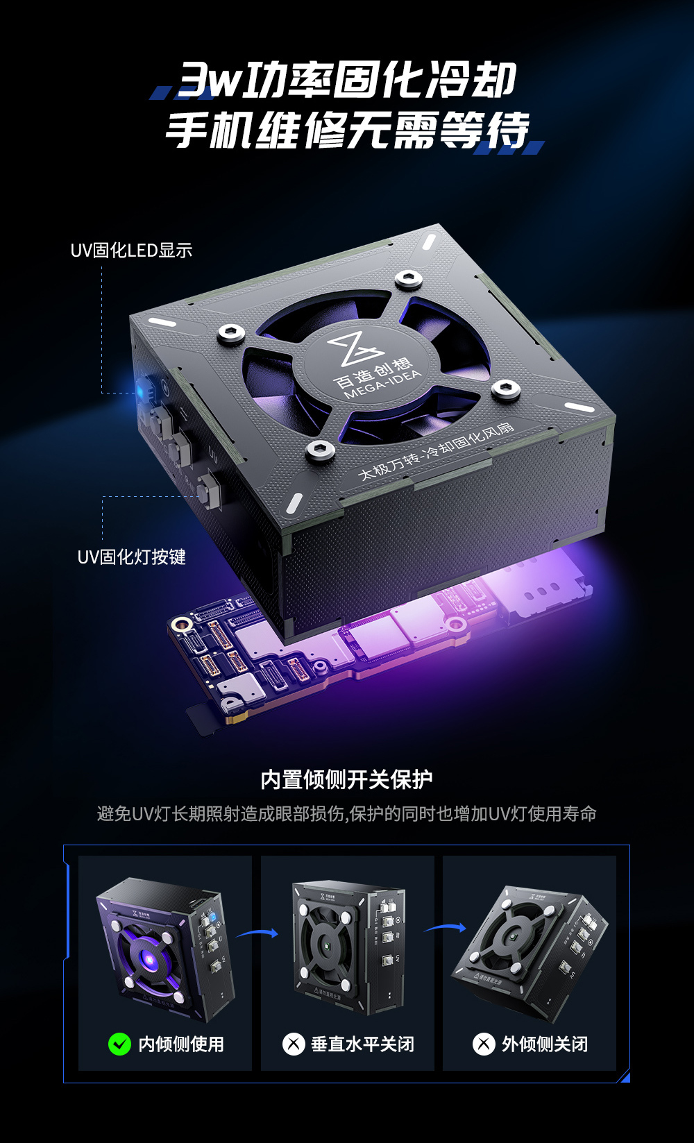 潛力創新 百造太極風扇 手機維修uv固化燈二合一散熱排煙風扇