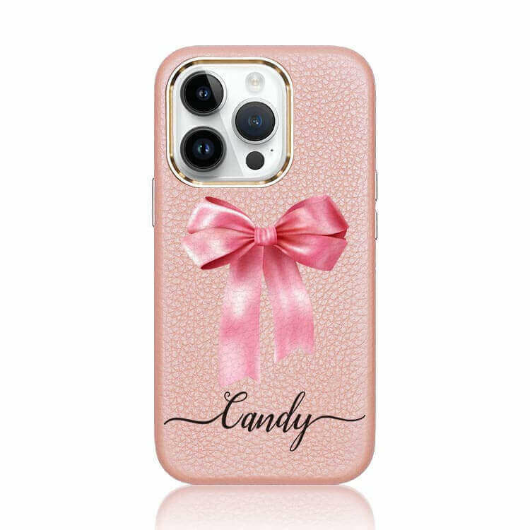 蝴蝶結緞帶(粉) 蜜荔殼 - (訂製名字) iPhone客製化手機殼 蜜荔粉皮革殼