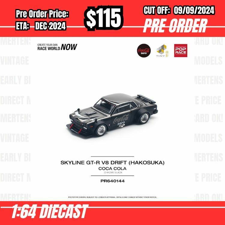 PO-$115 * Pop Rce * 1:64 SKYLINE GT-R V8 DRIFT (HAKOSUKA) COCA COLA ZERO BLACK CHROME [OD28/08]