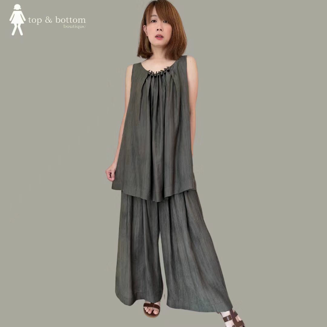 WRINKLED STRAP BLOUSE & PANT SET SUIT (2 PCS)