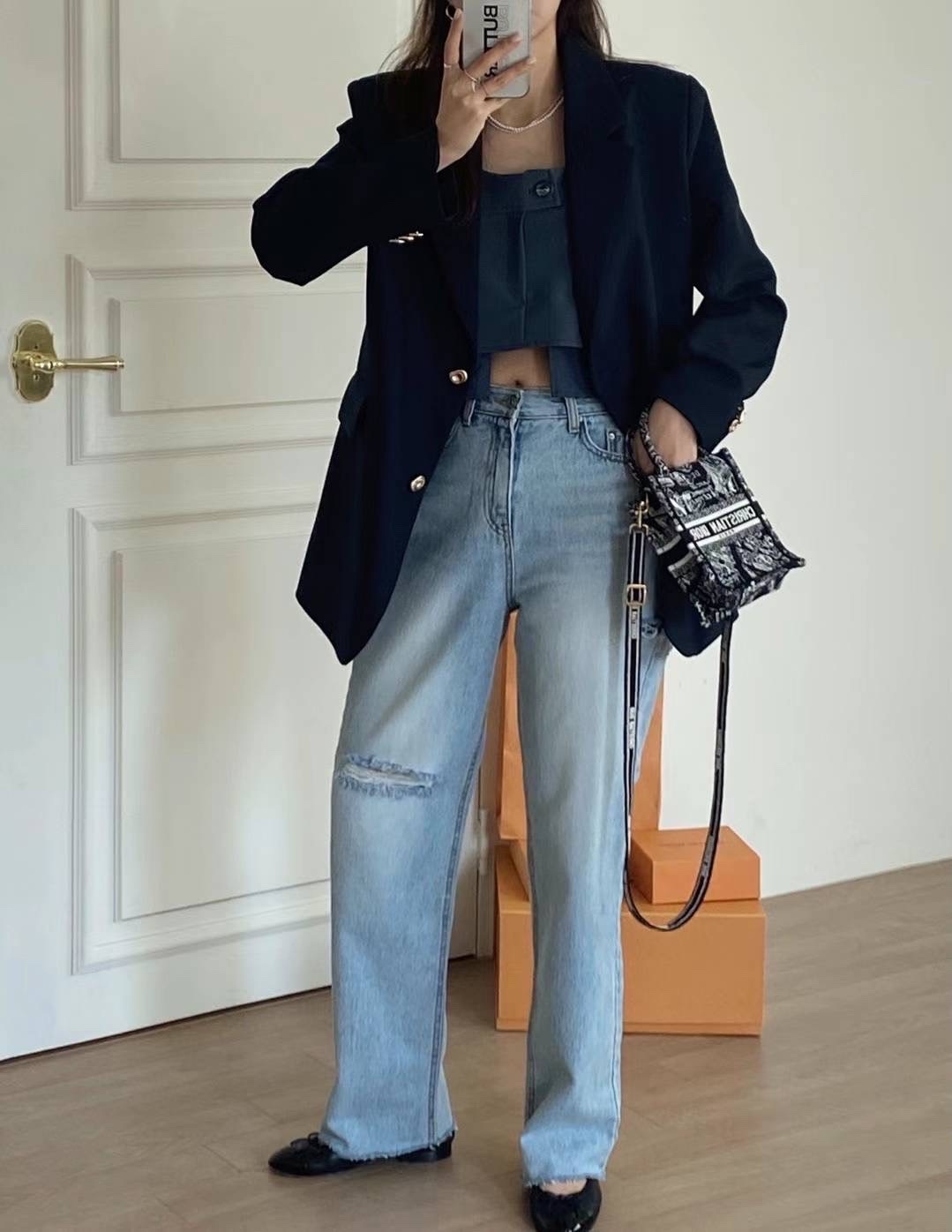 正韓割破直筒牛仔褲