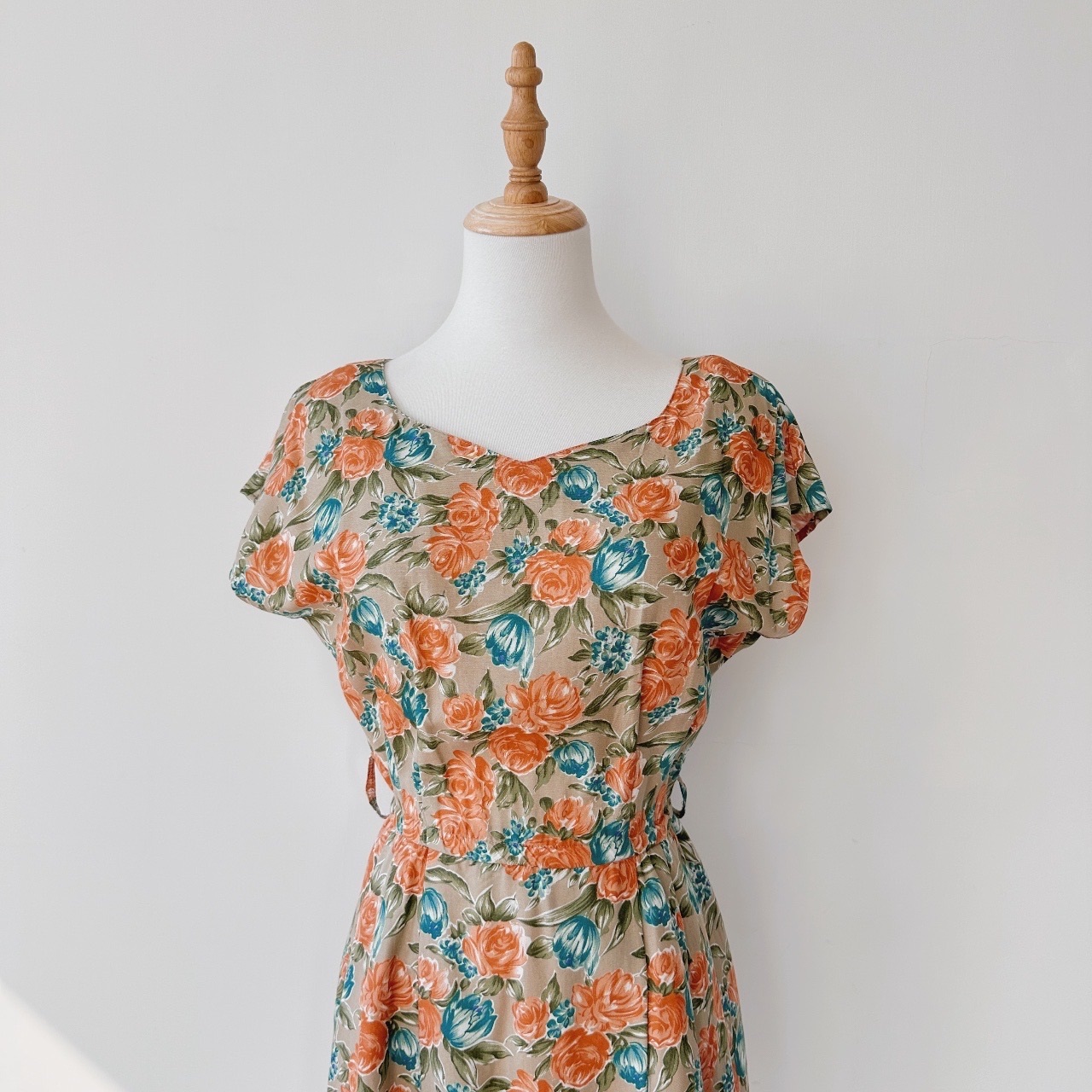 淑女橙玫瑰下午茶古着連身裙