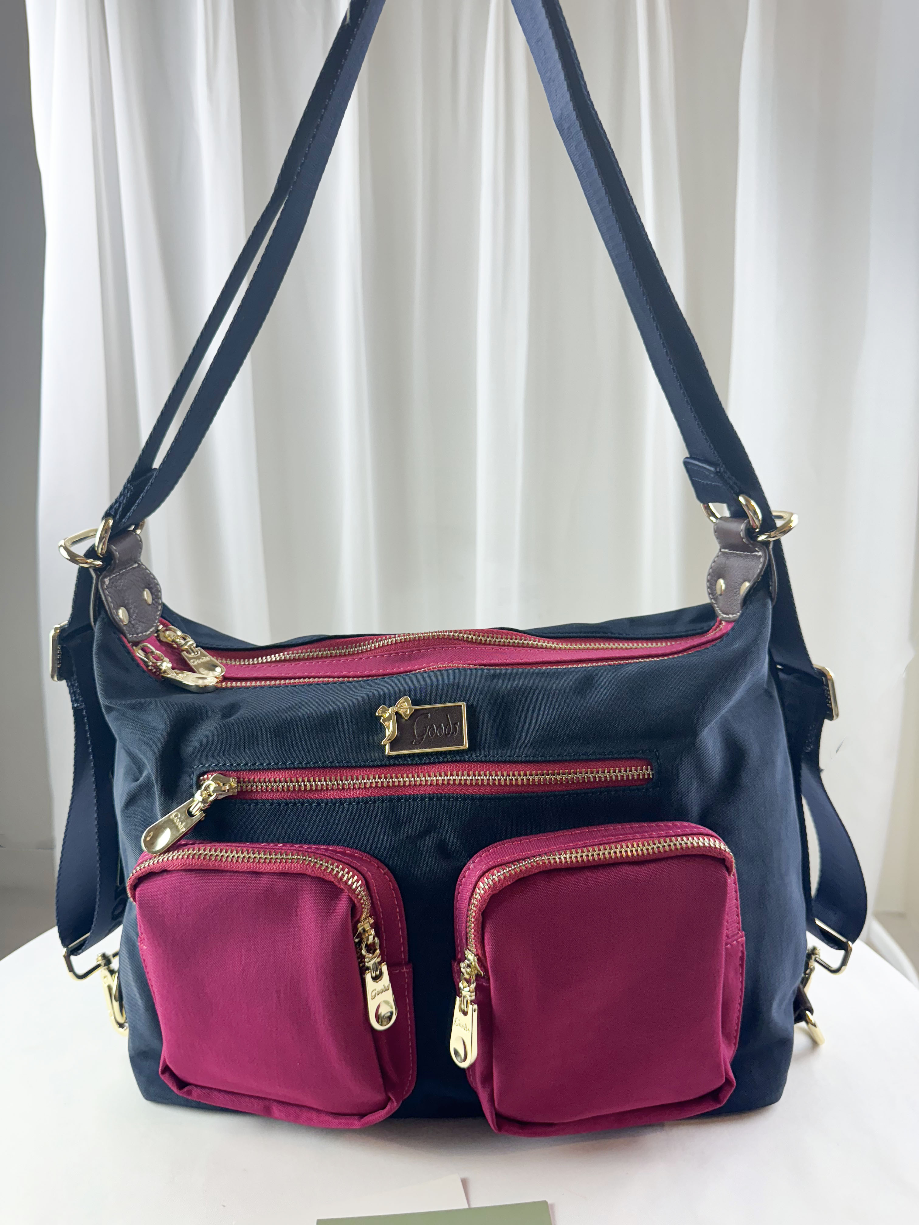 GOODS 藍桃拼色肯尼布拼接真皮防潑水側背包 #2561